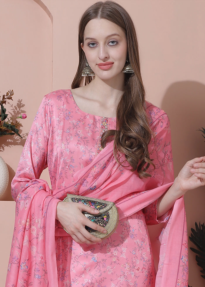 3 Pc Pink Semi Stitched Silk Suit Set