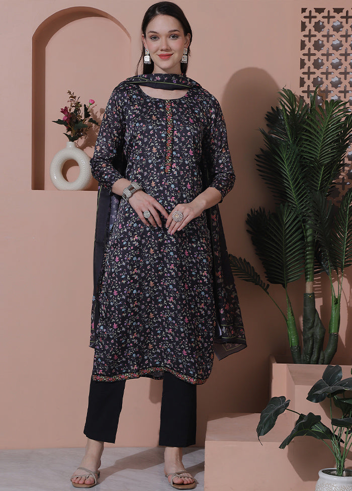 3 Pc Black Semi Stitched Silk Suit Set - Indian Silk House Agencies