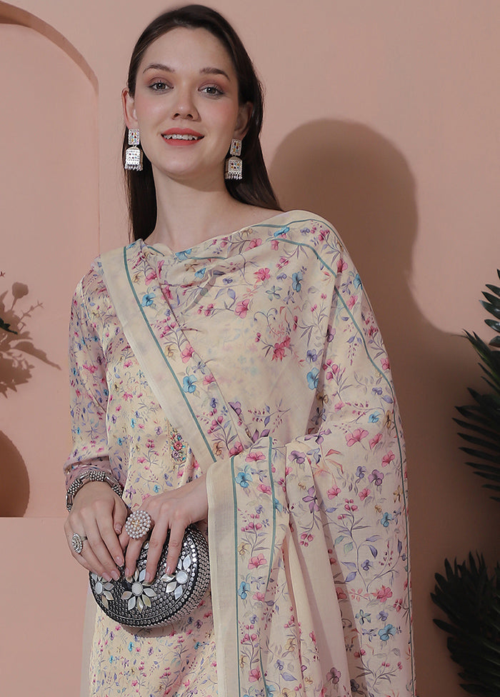 3 Pc Cream Semi Stitched Silk Suit Set