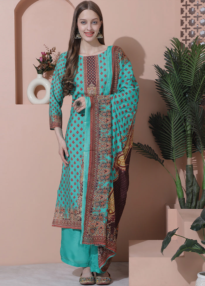 3 Pc Green Semi Stitched Silk Suit Set