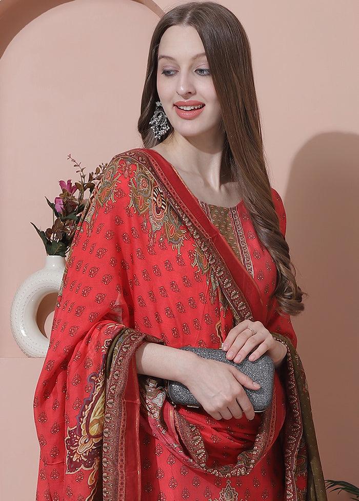 3 Pc Coral Semi Stitched Silk Suit Set - Indian Silk House Agencies