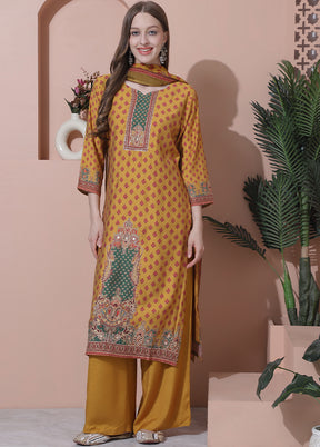 3 Pc Mustard Semi Stitched Silk Suit Set