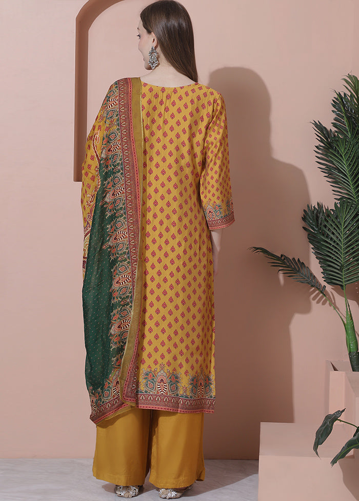 3 Pc Mustard Semi Stitched Silk Suit Set