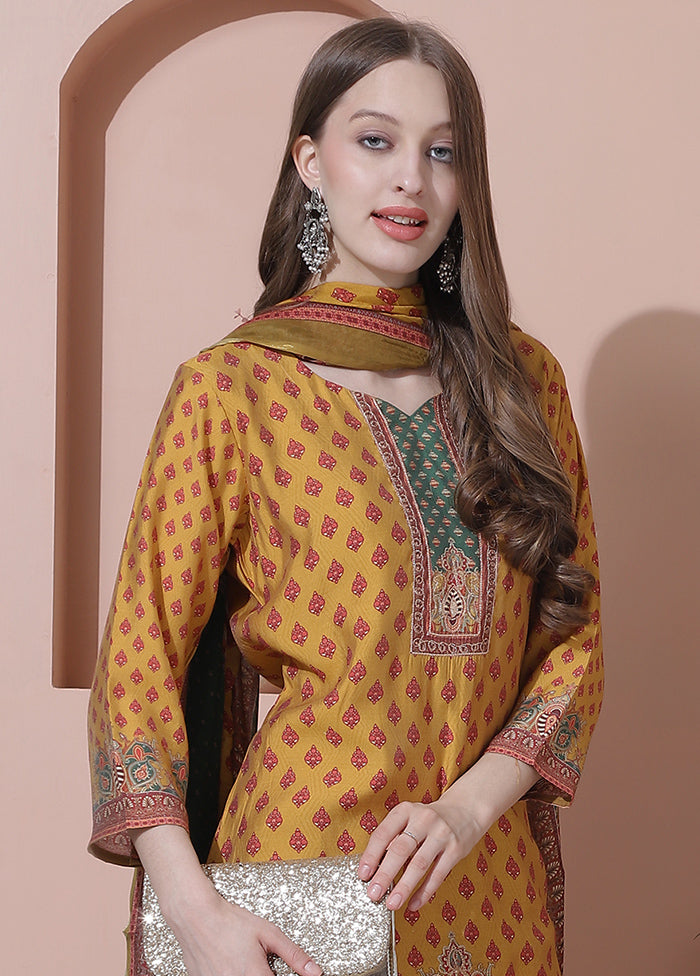 3 Pc Mustard Semi Stitched Silk Suit Set