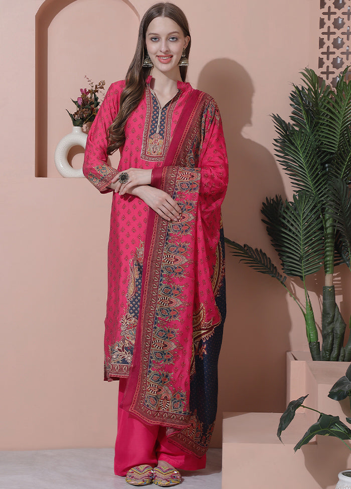 3 Pc Magenta Unstitched Silk Suit Set