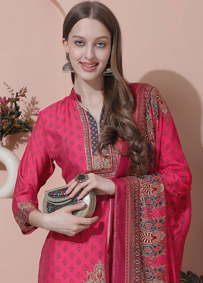 3 Pc Magenta Semi Stitched Silk Suit Set