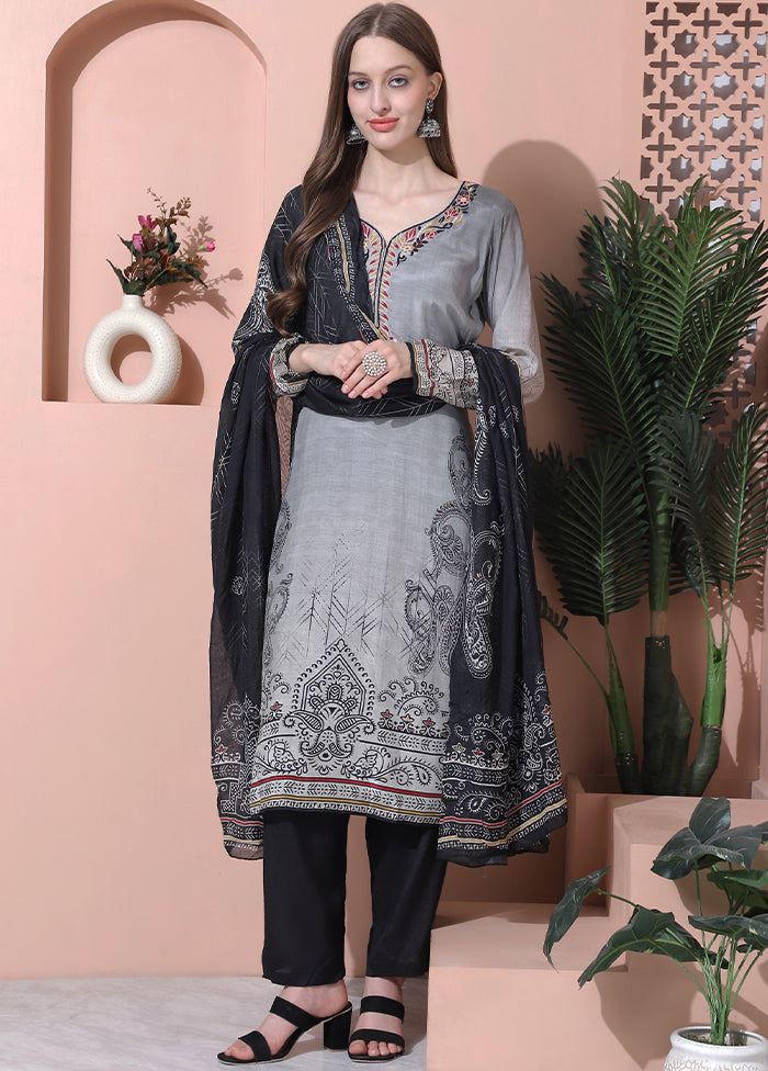 3 Pc Grey Semi Stitched Silk Suit Set