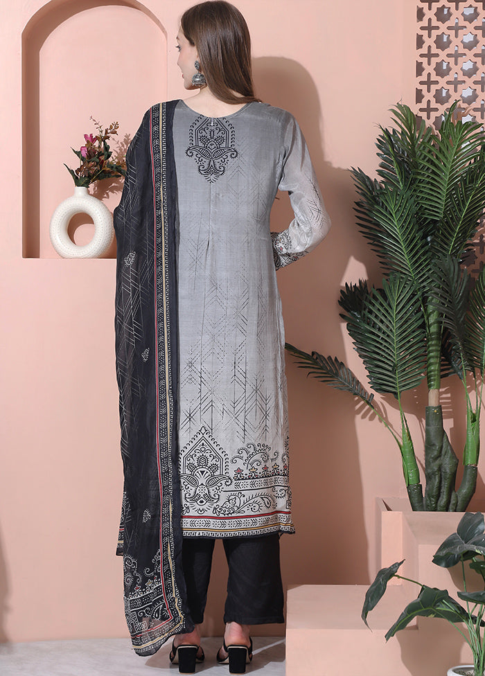 3 Pc Grey Semi Stitched Silk Suit Set