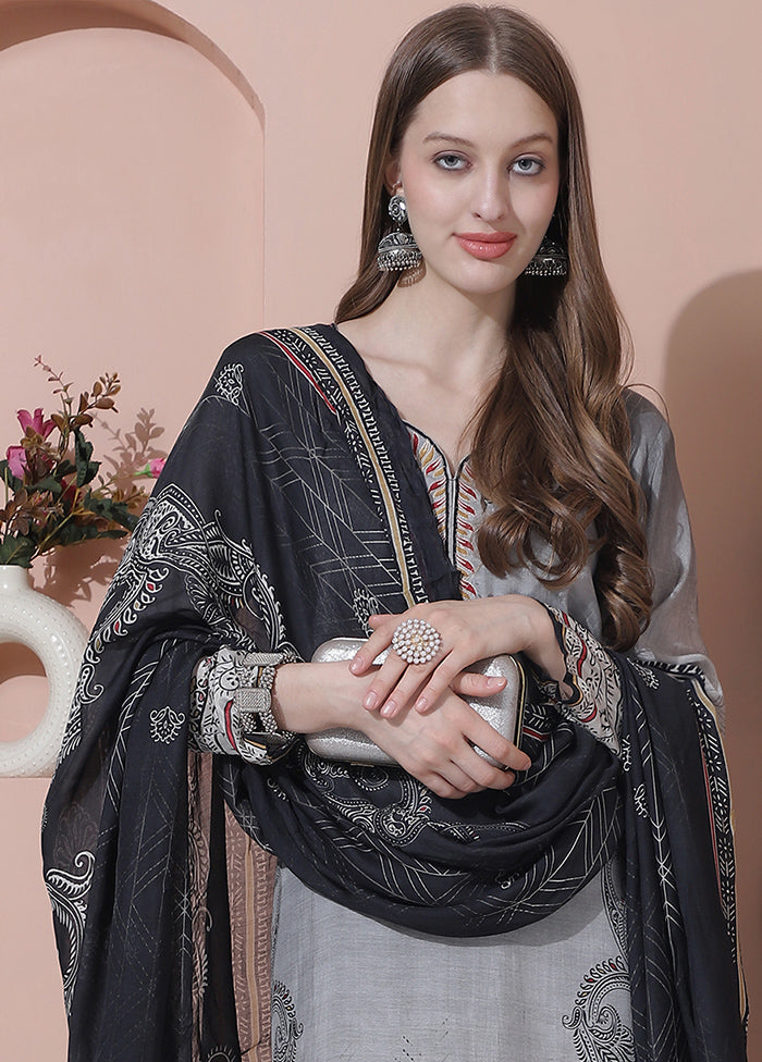 3 Pc Grey Semi Stitched Silk Suit Set