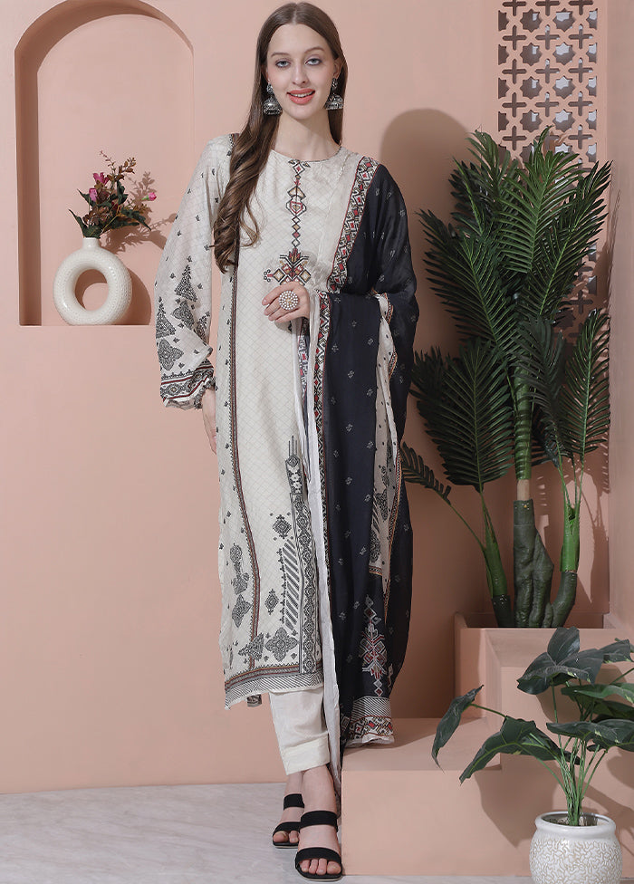 3 Pc Off White Semi Stitched Silk Suit Set