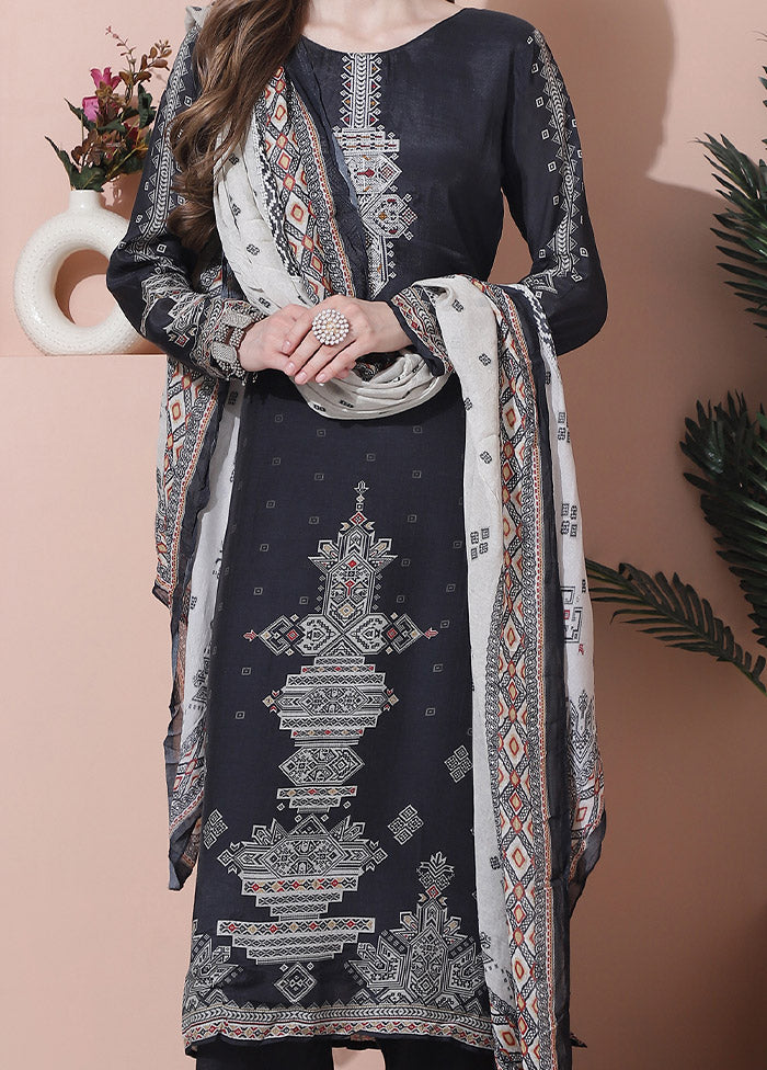 3 Pc Black Unstitched Silk Suit Set