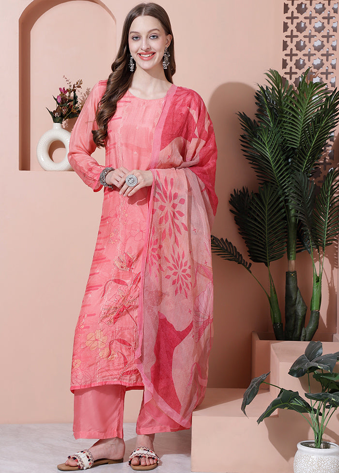 3 Pc Pink Unstitched Silk Suit Set