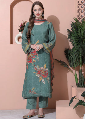 3 Pc Olive Green Semi Stitched Silk Suit Set