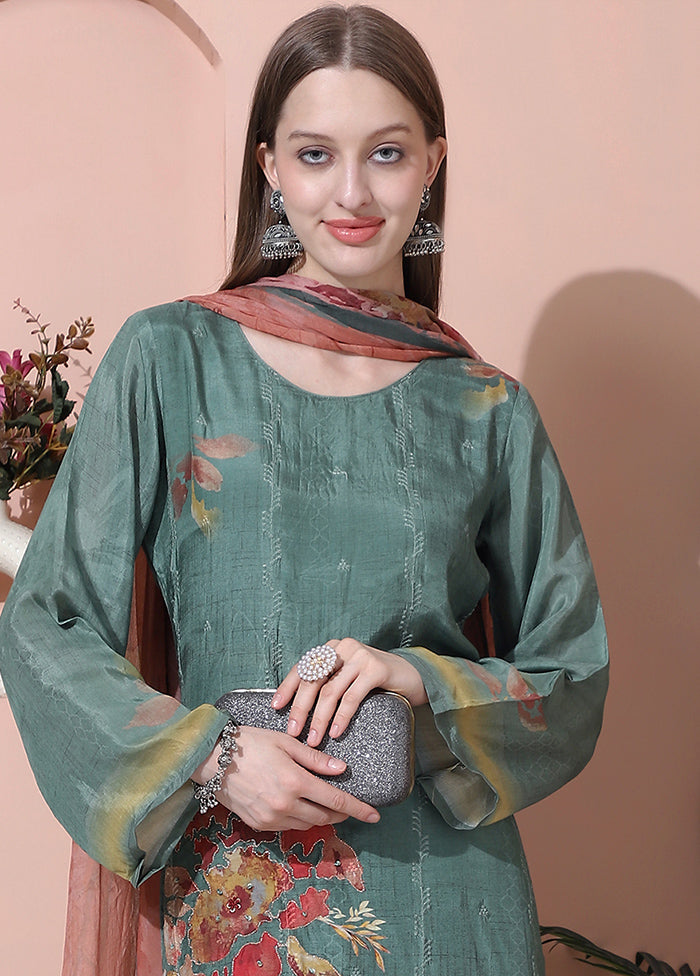 3 Pc Olive Green Semi Stitched Silk Suit Set