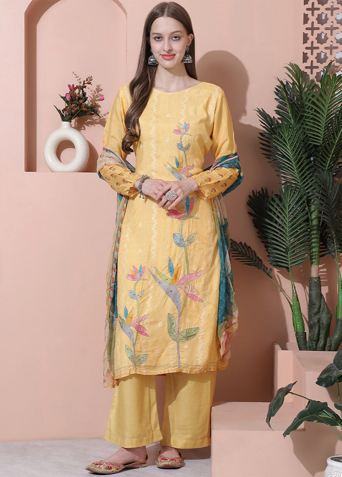 3 Pc Yellow Semi Stitched Silk Suit Set