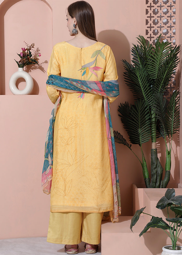 3 Pc Yellow Unstitched Silk Suit Set