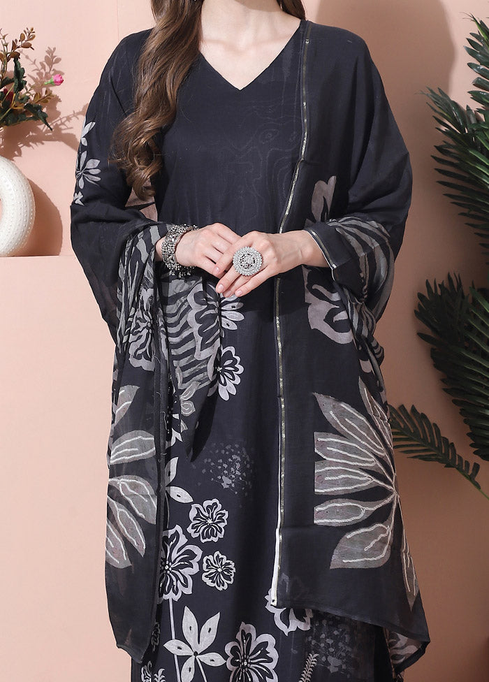 3 Pc Black Unstitched Cotton Suit Set