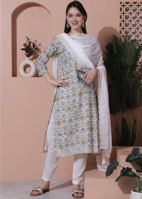 3 Pc White Unstitched Cotton Suit Set - Indian Silk House Agencies