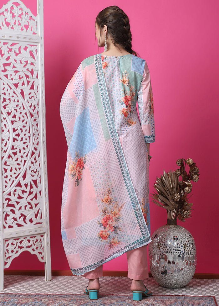 3 Pc Multicolor Semi Stitched Cotton Suit Set