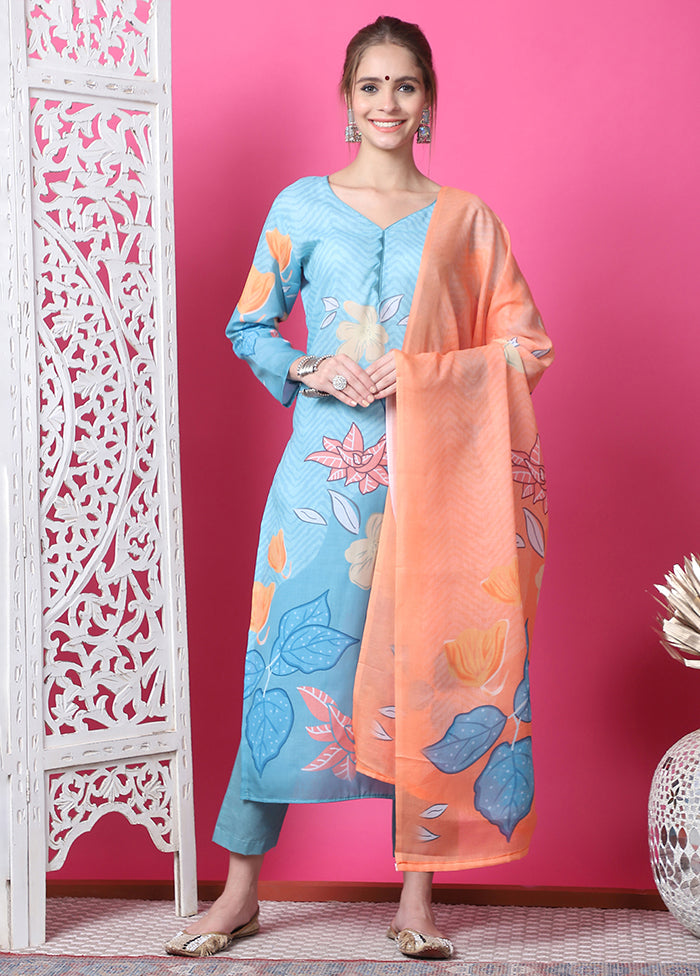 3 Pc Blue Semi Stitched Cotton Suit Set