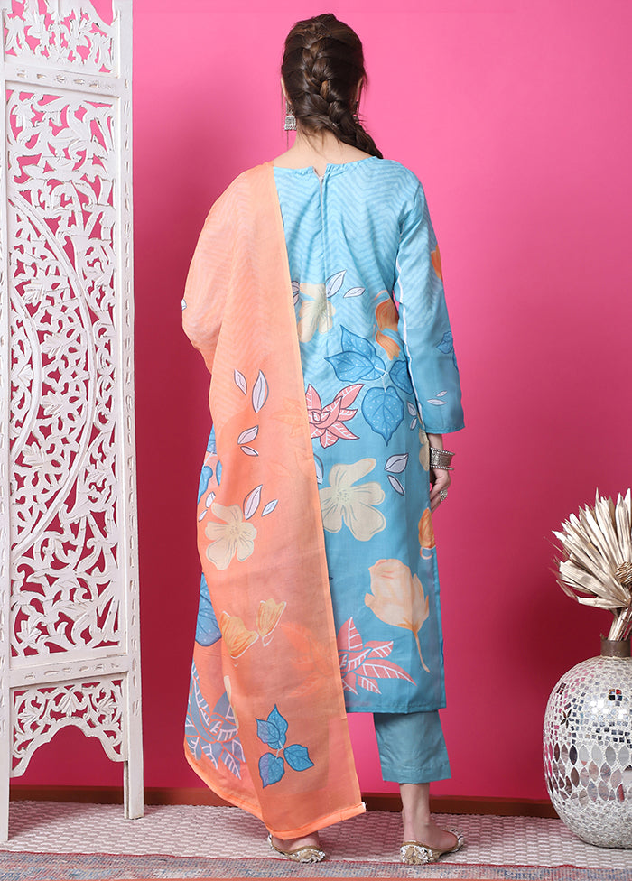 3 Pc Blue Semi Stitched Cotton Suit Set