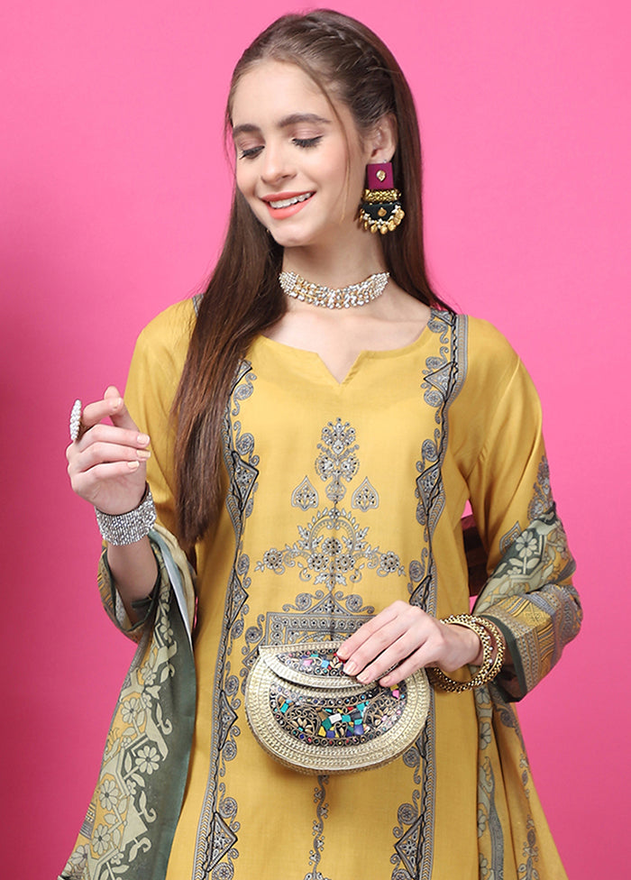 3 Pc Yellow Semi Stitched Cotton Suit Set