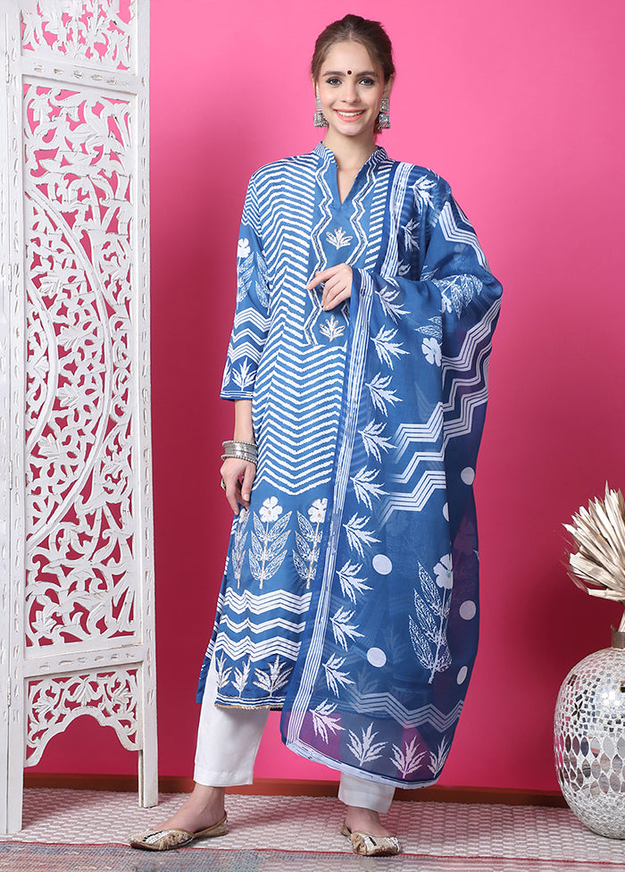 3 Pc Blue Semi Stitched Cotton Suit Set