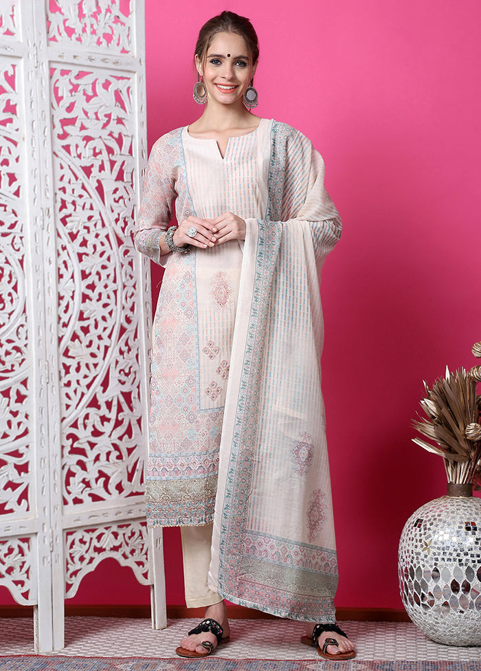 3 Pc Cream Semi Stitched Cotton Suit Set