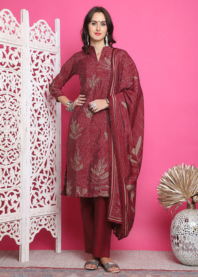 3 Pc Maroon Unstitched Silk Suit Set