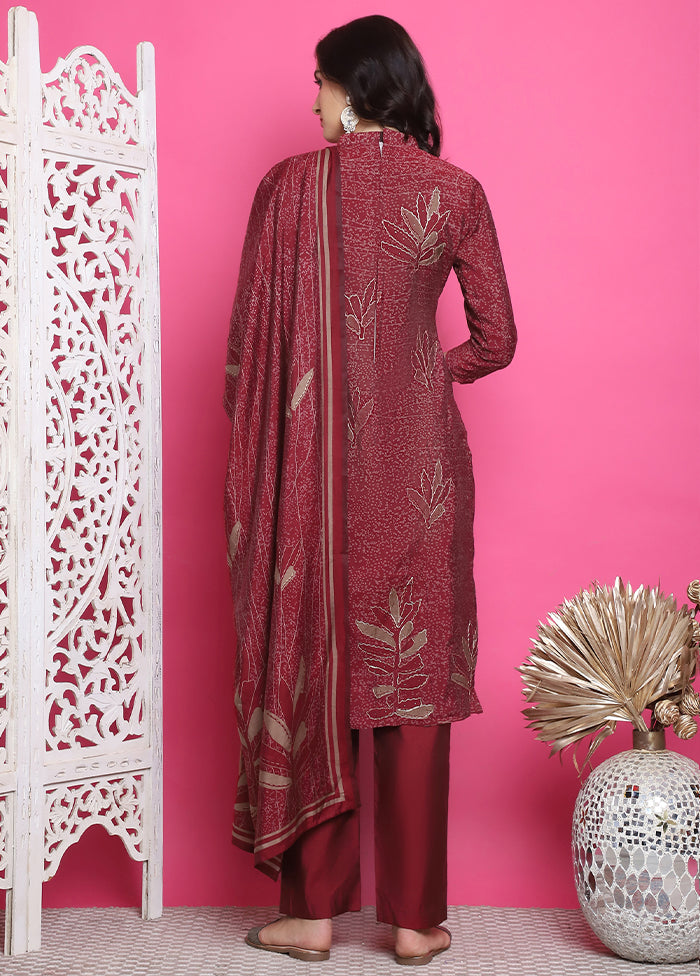 3 Pc Maroon Unstitched Silk Suit Set