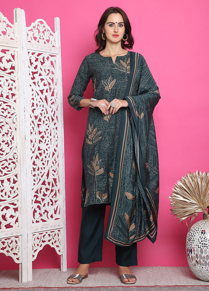 3 Pc Green Unstitched Silk Suit Set