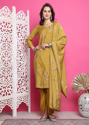 3 Pc Mustard Unstitched Silk Suit Set