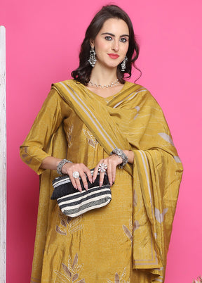 3 Pc Yellow Semi Stitched Silk Suit Set