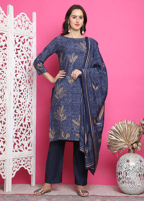 3 Pc Blue Semi Stitched Silk Suit Set