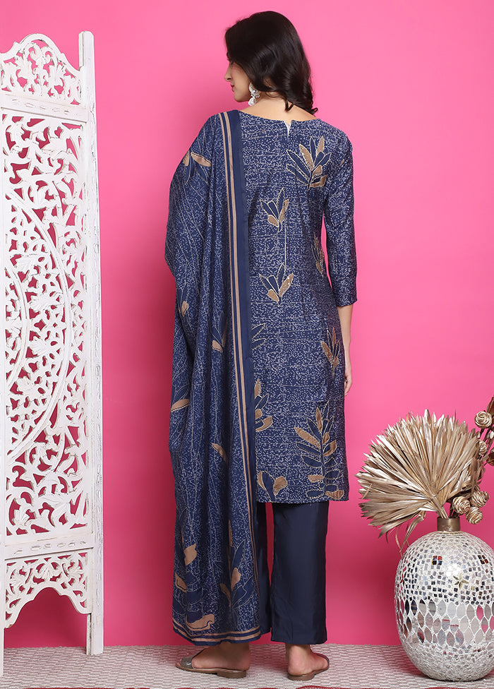 3 Pc Blue Semi Stitched Silk Suit Set