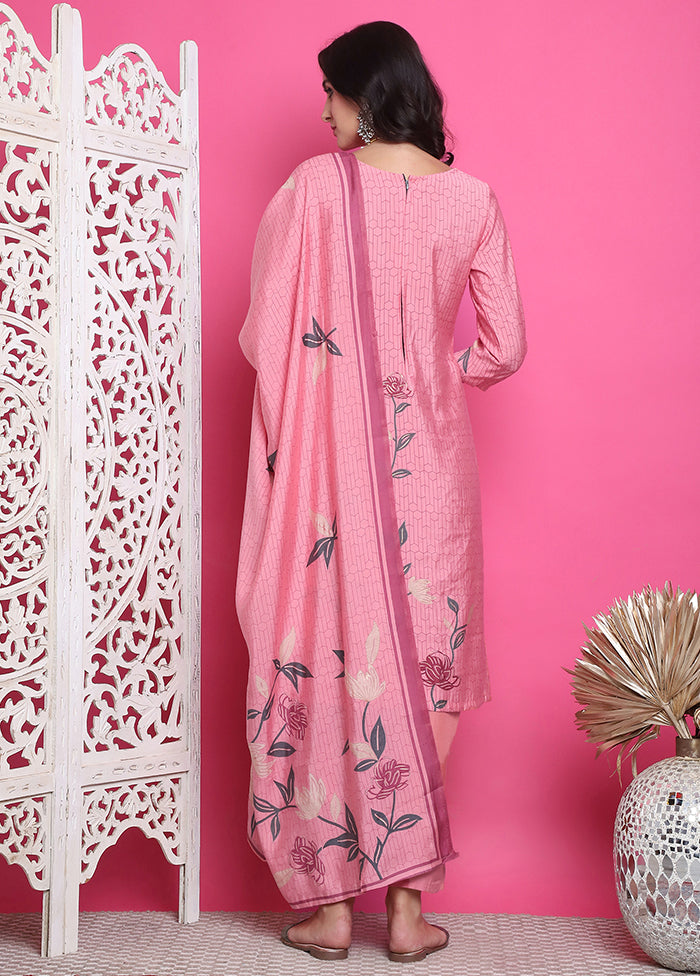 3 Pc Pink Semi Stitched Silk Suit Set