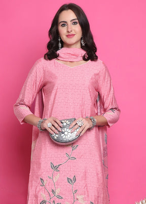 3 Pc Pink Semi Stitched Silk Suit Set