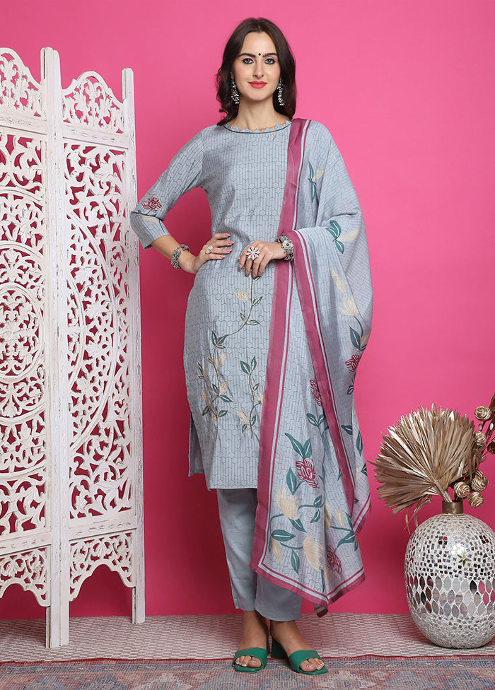 3 Pc Grey Semi Stitched Silk Suit Set