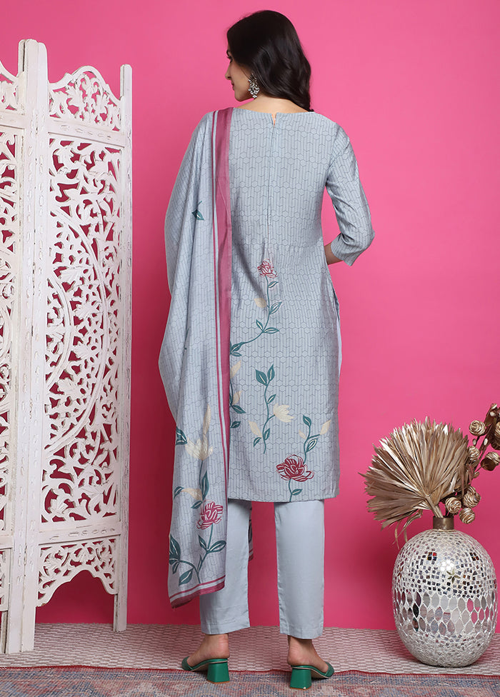 3 Pc Grey Semi Stitched Silk Suit Set