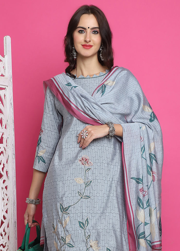 3 Pc Grey Unstitched Silk Suit Set