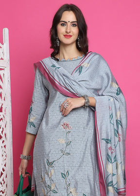 3 Pc Grey Unstitched Silk Suit Set