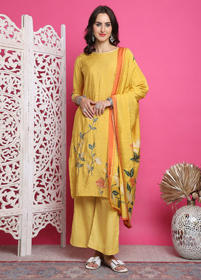 3 Pc Yellow Semi Stitched Silk Suit Set