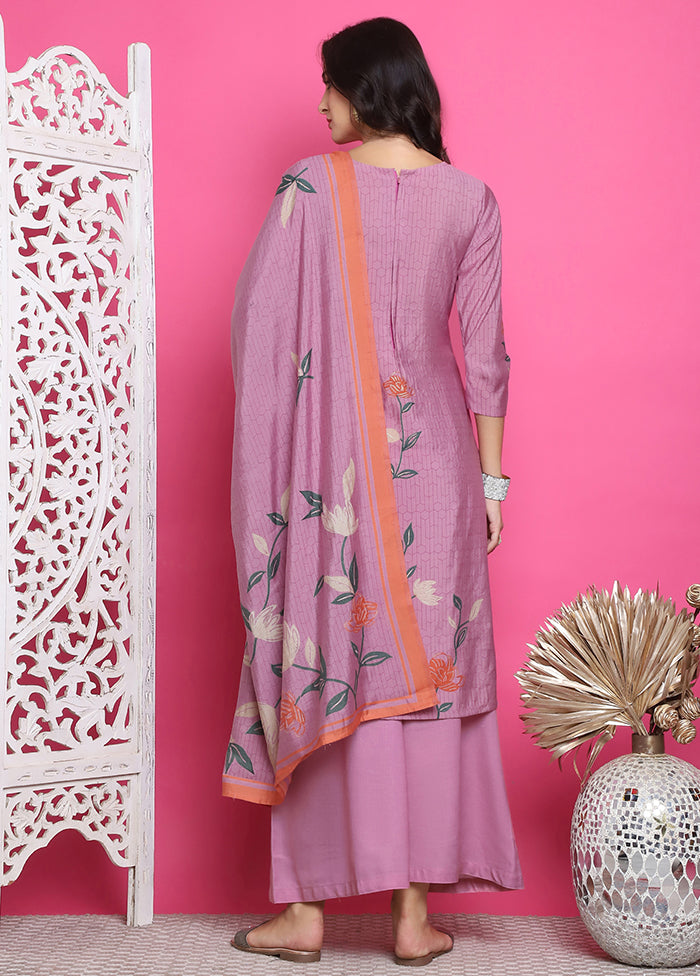 3 Pc Purple Semi Stitched Silk Suit Set