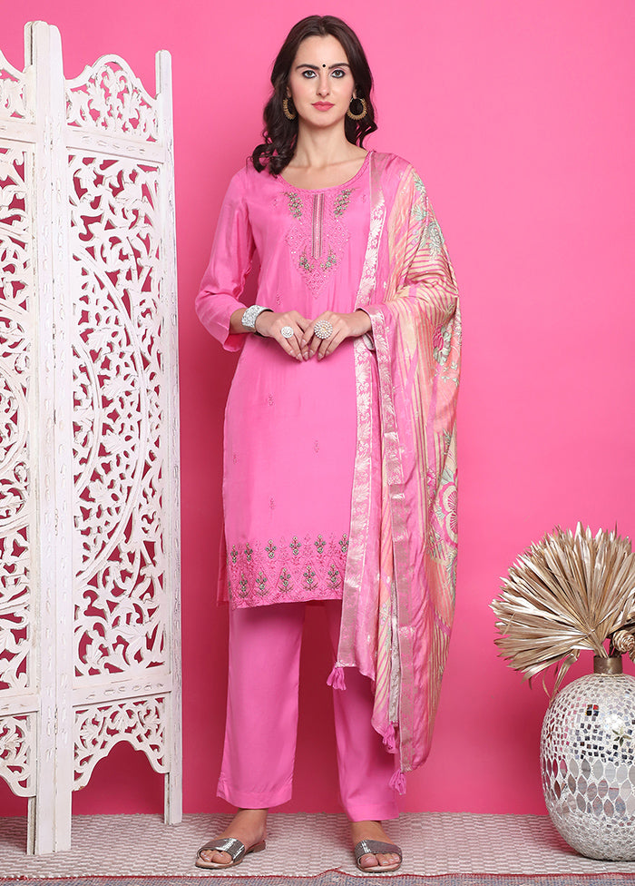 3 Pc Pink Semi Stitched Silk Suit Set