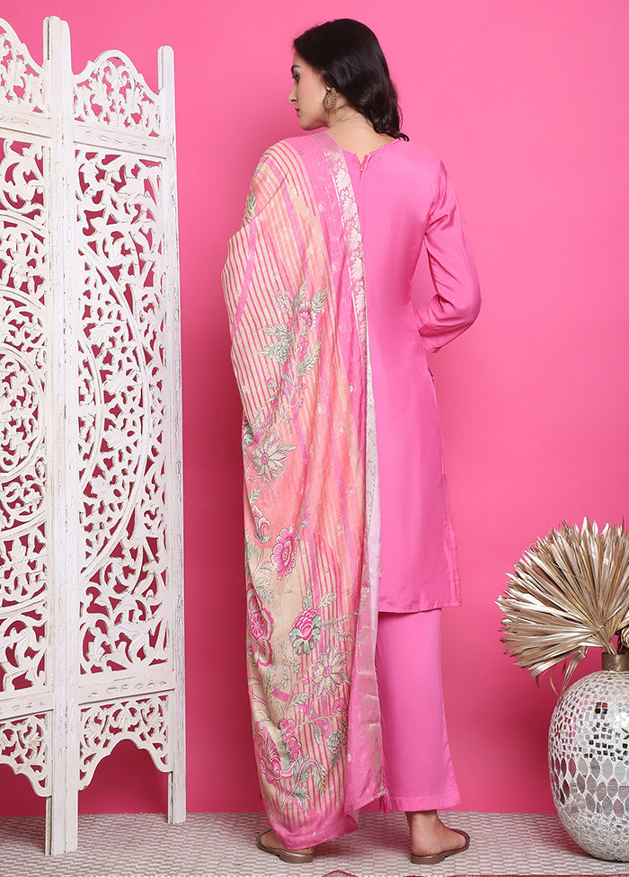 3 Pc Pink Semi Stitched Silk Suit Set