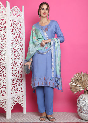 3 Pc Blue Semi Stitched Silk Suit Set