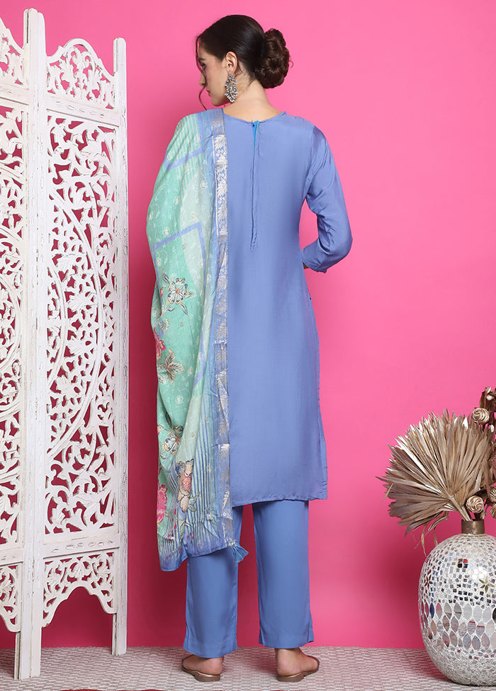 3 Pc Blue Unstitched Silk Suit Set