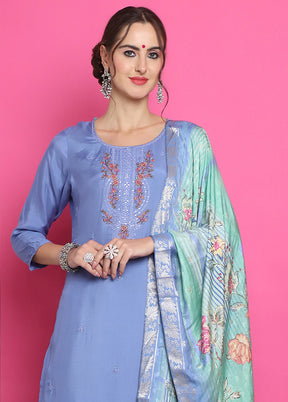 3 Pc Blue Unstitched Silk Suit Set