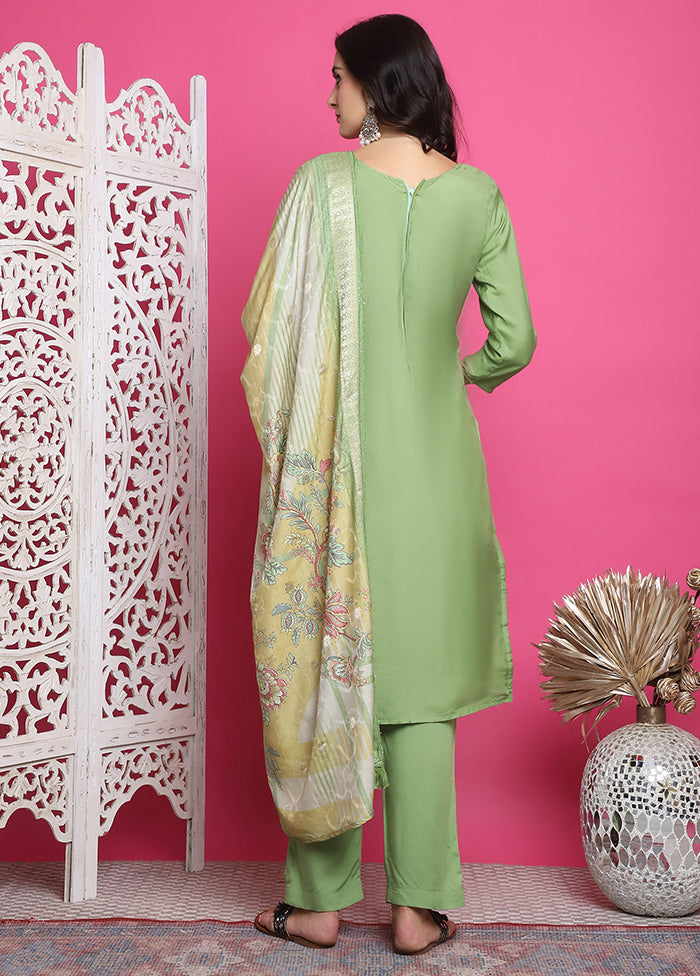 3 Pc Green Unstitched Silk Suit Set