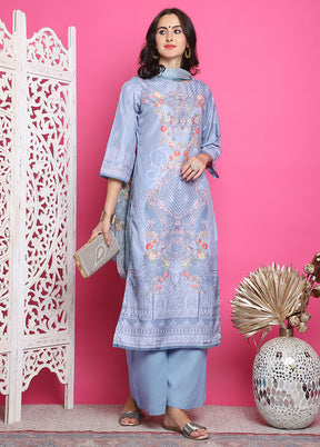 3 Pc Grey Semi Stitched Silk Suit Set